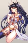  &gt;:) 1girl bare_shoulders black_hair black_ribbon blue_legwear breasts brown_eyes closed_mouth crown detached_sleeves earrings fate/grand_order fate_(series) hair_intakes hair_ribbon hidezi highres hoop_earrings ishtar_(fate/grand_order) jewelry long_hair looking_at_viewer medium_breasts navel neck_ring panties revealing_clothes ribbon single_sleeve single_thighhigh sitting smile solo stomach thigh-highs tohsaka_rin two_side_up underwear very_long_hair white_panties 