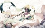  1girl bai_yemeng closed_eyes dress floating_hair green_hair hatsune_miku long_hair microphone microphone_stand music open_mouth singing solo twintails very_long_hair vocaloid white_dress 