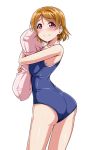  1girl ass blue_swimsuit blush breasts brown_hair closed_mouth commentary_request eyebrows_visible_through_hair from_behind koizumi_hanayo looking_at_viewer looking_back love_live! love_live!_school_idol_project medium_breasts one-piece_swimsuit pillow pillow_hug school_swimsuit shiny shiny_clothes shiny_hair shiny_skin short_hair simple_background smile solo swimsuit violet_eyes white_background yopparai_oni 