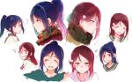  2girls blue_hair blush closed_eyes coat frustrated hair_ornament hood hoodie laughing long_hair love_live! love_live!_sunshine!! matsuura_kanan multiple_girls open_mouth ponytail redhead sakurauchi_riko scared scarf school_uniform surprised tired toto_(sa-dosama) 