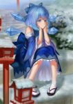  1girl absurdres blue_bow blue_dress blue_eyes blue_hair bow cirno detached_sleeves dress geta hair_bow hands_on_own_face highres ice ice_wings lantern nana_(13054942) sash short_hair sitting snow solo stairs tabi touhou white_legwear wide_sleeves wings zouri 