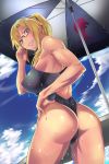  1girl absurdres artist_request ass bare_shoulders beach_umbrella black-framed_eyewear blonde_hair blush breasts competition_swimsuit cowboy_shot day erect_nipples from_below gakuen_taisen_valkyries glasses grin highres large_breasts long_hair looking_at_viewer looking_back looking_down muscle muscular_female noel_fortenmayer one-piece_swimsuit ponytail red_eyes semi-rimless_glasses smile solo swimsuit umbrella under-rim_glasses wet 