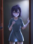  1girl blush clenched_hand collarbone doorway embarrassed gabriel_dropout green_shirt hair_between_eyes hand_on_own_chest highres kannazuki_kenji looking_away nose_blush open_door oversized_clothes oversized_shirt purple_hair see-through_silhouette shirt short_sleeves solo standing tsukinose_vignette_april violet_eyes wet wet_hair 