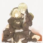  1boy 1girl banira_(ri0115ka) blindfold_removed boots closed_eyes couple death dress headband mechanical_arm nier_(series) nier_automata sad short_hair simple_background spoilers white_hair yorha_no._2_type_b yorha_no._9_type_s 