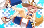  1girl absurdres animal_ears bikini blue_bikini blush breasts cleavage fang fate/extra fate/grand_order fate_(series) fox_ears fox_tail hat highres large_breasts long_hair looking_at_viewer nanakusa_amane open_mouth parasol pink_hair sitting solo swimsuit tail tamamo_(fate)_(all) tamamo_no_mae_(swimsuit_lancer)_(fate) umbrella under_boob yellow_eyes 