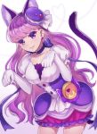  1girl animal_ears cat_ears cat_tail choker cure_macaron earrings elbow_gloves extra_ears eyebrows_visible_through_hair food_themed_hair_ornament gloves gradient gradient_background hair_ornament highres jewelry kirakira_precure_a_la_mode kotozume_yukari long_hair looking_at_viewer macaron_hair_ornament magical_girl neme paw_pose precure purple_hair solo tail violet_eyes white_gloves 