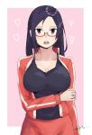  black_hair blush breasts demi-chan_wa_kataritai genocide06 glasses hair_down heart highres jacket large_breasts long_hair looking_at_viewer open_clothes open_jacket open_mouth satou_sakie tank_top track_suit upper_body violet_eyes 