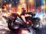  1girl blonde_hair boots breasts cleavage fate/grand_order fate_(series) ground_vehicle high_heel_boots high_heels hood hoodie khanshin motor_vehicle motorcycle rain saber saber_alter shorts sitting solo yellow_eyes 