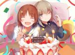  2girls :d bangs blonde_hair blue_eyes blurry brown_hair candle character_name closed_eyes confetti couch depth_of_field eyebrows_visible_through_hair fire food fruit girls_und_panzer happy_birthday head_to_head itsumi_erika long_hair long_sleeves multiple_girls nishizumi_miho one_eye_closed ooarai_school_uniform open_mouth pillow roll_okashi school_uniform sitting smile strawberry strawberry_shortcake table upper_body v wing_collar 