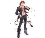  1boy alpha_transparency boots cravat flower full_body granblue_fantasy hand_on_hip jacket lancelot_(granblue_fantasy) looking_at_viewer male_focus minaba_hideo official_art open_clothes open_jacket petals red_eyes redhead rose rose_petals short_hair smile the_dragon_knights transparent_background 