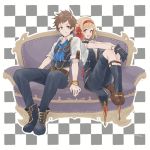  1boy 1girl aiguillette black_gloves blonde_hair bob_cut boots brown_hair checkered checkered_background coattails couch djeeta_(granblue_fantasy) full_body gloves gran_(granblue_fantasy) granblue_fantasy gucha_(netsu) hair_ornament hair_ribbon hairband legs_together looking_at_viewer ribbon shorts simple_background sitting smile sock_garters song_name the_dragon_knights 
