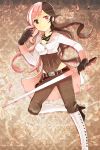  1girl belt black_gloves boots breasts brown_hair chiduru cleavage cropped_jacket gloves high_heel_boots high_heels hips knee_boots long_hair medium_breasts multicolored_hair neo_(rwby) pants pink_hair rwby solo umbrella waist_cape white_hair 