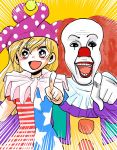  1boy 1girl :d american_flag_dress blonde_hair clown clownpiece commentary foreshortening gloves hat highres it_(stephen_king) jester_cap komaku_juushoku legacy_of_lunatic_kingdom open_mouth pennywise pink_eyes pointing pointing_at_viewer red_nose redhead smile teeth touhou 