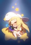  1girl bag bangs blonde_hair blue_background blunt_bangs boots braid chibi closed_eyes cosmog dress full_body happy hat highres hug knee_boots lillie_(pokemon) long_hair lying nomi_(15175687) pokemon pokemon_(game) pokemon_sm simple_background sleeping smile star sun_hat twin_braids 