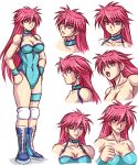  1girl abs boots breasts character_sheet cleavage large_breasts leotard long_hair looking_at_viewer mighty_yukiko multiple_views muscle pink_hair solo taroimo_(00120014) upper_body violet_eyes wrestle_angels wrestle_angels_survivor wrestling_outfit wristband 