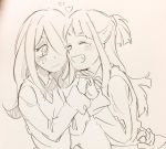  2girls blush closed_eyes eyeshadow hair_over_one_eye hands_together ichigo_choco kagari_atsuko little_witch_academia long_hair makeup multiple_girls pale_color school_uniform sketch smile sucy_manbavaran surprised tears yuri 