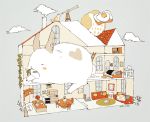  balcony bed bird blush bookshelf carpet cat chair chimney closed_eyes clouds commentary couch food heart house ladder original picture_(object) pillow plant rabbit rooftop simple_background smoke sunny_side_up_egg table telescope toast tofuvi vase vines window 