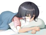  1girl aeoso black_hair blanket blush eyebrows_visible_through_hair girls_und_panzer hair_between_eyes lying on_stomach one_eye_closed parted_lips pillow reizei_mako simple_background sleepy solo under_covers white_background 