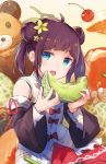  1girl :o ahoge bangs black_hair blue_eyes blurry bow cherry chocolate chocolate_bar cocktail_glass cup depth_of_field detached_sleeves double_bun dragon drinking_glass eating eyebrows_visible_through_hair flower food fruit hair_flower hair_ornament holding looking_at_viewer melon open_mouth original roll_okashi round_teeth short_hair solo stuffed_animal stuffed_toy teddy_bear teeth 