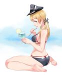  1girl :p alternate_costume anchor_hair_ornament aqua_eyes bikini black_bikini breasts commentary_request cup drinking_glass drinking_straw gradient gradient_background hair_ornament hat highres holding kantai_collection light_brown_hair long_hair looking_at_viewer peaked_cap prinz_eugen_(kantai_collection) saruchitan sideboob simple_background sitting smile solo swimsuit tongue tongue_out twintails wariza wine_glass 