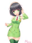  1girl :d arm_up armpit_peek artist_name bangs bare_shoulders black_hair blush breasts buttons collared_shirt commentary_request cowboy_shot detached_sleeves eyebrows_visible_through_hair formal green_eyes green_jacket green_skirt hair_intakes head_tilt headphones jacket kyomachi_seika looking_at_viewer maron_(1212ama) medium_breasts necktie open_mouth red_necktie shiny shiny_hair shiny_skin shirt short_hair signature simple_background skirt skirt_suit sleeveless sleeveless_shirt smile solo standing suit thigh-highs thigh_gap voiceroid white_background zettai_ryouiki 
