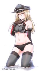  1girl bismarck_(kantai_collection) blonde_hair blue_eyes blush breasts disco_brando elbow_gloves eyebrows_visible_through_hair gloves hat highres kantai_collection large_breasts solo thigh-highs twitter_username 