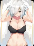  1girl arms_up bare_shoulders black_bra black_panties blue_eyes bra breasts gloves hair_flip hair_over_one_eye half-closed_eyes hamakaze_(kantai_collection) isshiki_(ffmania7) kantai_collection large_breasts looking_at_viewer midriff navel panties signature silver_hair solo twitter_username underwear underwear_only white_gloves 