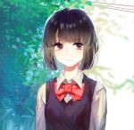  1girl artist_name black_hair bow brown_eyes highres kuzu_no_honkai looking_at_viewer outdoors plant red_bow school_uniform short_hair tokio upper_body vest yasuraoka_hanabi 