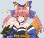  1girl animal_ears blue_bow bow breasts cleavage disco_brando eyebrows_visible_through_hair fate/extra fate_(series) fox_ears fox_tail large_breasts long_sleeves medium_hair money_gesture pink_hair solo tail tamamo_(fate)_(all) tamamo_no_mae_(fate) yellow_eyes 