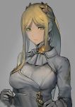  1girl ascot asymmetrical_hair bangs black_gloves blonde_hair breasts closed_mouth expressionless eyebrows_visible_through_hair gloves green_eyes grey_background hairpods holding long_hair looking_at_viewer medium_breasts nier_(series) nier_automata parted_bangs ponytail riding_crop simple_background solo upper_body walzrj yorha_infantry_squad_commander 