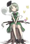  1girl 9901 alternate_hair_color bandage between_legs black_bow black_ribbon black_shoes bloomers blush bobby_socks bow butterfly floral_print flower frilled_skirt frills green_eyes green_hair green_skirt hair_ribbon hairband hand_between_legs hands_clasped highres katana konpaku_youmu konpaku_youmu_(ghost) looking_away puffy_short_sleeves puffy_sleeves ribbon shiny shiny_hair shirt shoes short_hair short_sleeves sitting skirt smile socks solo sword touhou underwear vest weapon white_background white_legwear white_shirt 