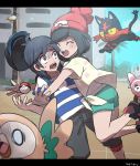  1boy 1girl backpack bag bangs baseball_cap beanie black_hair black_hat capri_pants closed_eyes cutiefly female_protagonist_(pokemon_sm) floral_print glomp green_shorts grey_eyes hat hug kometubu0712 letterboxed litten male_protagonist_(pokemon_sm) pants poke_ball pokemon pokemon_(creature) pokemon_(game) pokemon_sm red_hat rowlet scared shirt shoes short_hair short_sleeves shorts sneakers striped striped_shirt stufful sweat swept_bangs t-shirt tied_shirt 