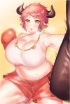  1girl animal_ears bare_shoulders batten_(yukibara_7) belly bouncing_breasts boxing_gloves boxing_shorts breasts cleavage cow_ears cow_horns curvy earrings granblue_fantasy horns huge_breasts jewelry looking_at_viewer navel parted_lips pink_hair plump pointy_ears punching_bag short_hair shorts steam strum_(granblue_fantasy) sweat thick_thighs thighs 