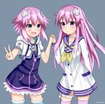  2girls blush breasts choker choujigen_game_neptune d-pad dress female hair_ornament hand_holding highres hoodie long_hair looking_at_viewer medium_breasts multiple_girls nan0teck neckerchief nepgear neptune_(choujigen_game_neptune) neptune_(series) open_mouth purple_hair short_hair siblings sisters smile thigh-highs v violet_eyes yuri 