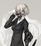  1girl face_mask formal grey_eyes grey_hair mask open_mouth original short_hair solo standing suit weapon yucca-612 