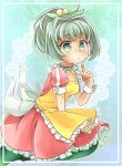  +_+ 1girl apron beads bow cardfight!!_vanguard character_request choker eyebrows_visible_through_hair finger_to_face green_choker green_eyes green_hair green_legwear hair_beads hair_ornament index_finger_raised maid solo ssk_sasasa thigh-highs white_bow yellow_apron 