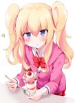 &gt;:&lt; 1girl :&lt; aeoso alternate_hairstyle blonde_hair blush bow bowtie closed_mouth collared_shirt dress_shirt eyebrows_visible_through_hair food fruit gabriel_dropout glass hair_between_eyes hair_ornament head_tilt holding holding_spoon hood hoodie ice_cream long_hair long_sleeves looking_at_viewer parfait plaid plaid_skirt red_bow red_bowtie red_skirt school_uniform shirt sidelocks simple_background skirt solo sparkle strawberry tenma_gabriel_white twintails violet_eyes whipped_cream white_background white_shirt wing_collar 