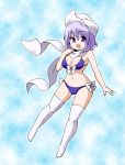  1girl :d bikini blush bow_bikini breasts commentary hat kousei_(public_planet) letty_whiterock looking_at_viewer medium_breasts navel open_mouth purple_hair scarf short_hair smile solo swimsuit thigh-highs touhou violet_eyes white_legwear 