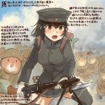  1girl 2017 akitsu_maru_(kantai_collection) animal black_eyes black_hair black_hat black_legwear commentary_request dated gloves gun hamster hat holding holding_weapon kantai_collection kirisawa_juuzou long_sleeves military military_uniform numbered open_mouth peaked_cap short_hair sweat thigh-highs traditional_media translation_request twitter_username uniform weapon white_gloves 