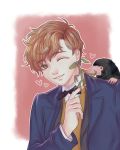  1boy bow bowtie bowtruckle brown_eyes brown_hair coat fantastic_beasts_and_where_to_find_them freckles heart highres leaf male_focus newt_scamander niffler portrait teeth usan93 