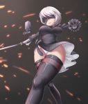  1girl 2017 artist_request black_blindfold blindfold dated expressionless from_below grey_hair highres leotard nier_(series) nier_automata pod_(nier_automata) short_hair solo sword thigh-highs thighs weapon yorha_no._2_type_b 