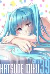 1girl 2017 aqua_hair aqua_nails bangs birthday blue_eyes blurry breast_press breasts character_name closed_mouth confetti depth_of_field eyebrows_visible_through_hair hatsune_miku highres light_smile long_hair looking_at_viewer lying makadamixa medium_breasts nail_polish nude on_stomach shoulder_tattoo smile solo tattoo twitter_username vocaloid 
