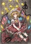  1girl ankle_cuffs blonde_hair blush chains chandelier dated flandre_scarlet flower frilled_skirt frills hat lantern looking_at_viewer mob_cap mosho puffy_sleeves red_eyes rose side_ponytail signature sitting skirt solo touhou traditional_media watercolor_(medium) wings 