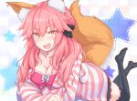  1girl animal_ears black_legwear blush breasts cleavage collarbone fate/extra fate/grand_order fate_(series) fox_ears fox_tail large_breasts long_hair looking_at_viewer lying maru_(maru1625) on_stomach open_mouth pink_hair solo tail tamamo_(fate)_(all) tamamo_no_mae_(fate) thigh-highs yellow_eyes 