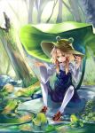  1girl blonde_hair brown_shoes commentary_request eyeball frog green_eyes hair_ribbon hat highres leaf lily_pad moriya_suwako nature open_mouth outstretched_arms red_ribbon ribbon rock shoes sitting solo touhou tree tress_ribbon white_legwear wide_sleeves zhu_xiang 