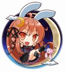  1girl :d animal_ears bunny_hair_ornament chibi crescent crescent_hair_ornament hair_ornament kantai_collection kemonomimi_mode long_hair looking_at_viewer open_mouth plectrum rabbit_ears red_eyes redhead school_uniform serafuku smile soba_(sobaya1938) solo uzuki_(kantai_collection) 