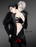  2boys artist_name black_gloves black_hair blue_eyes bodysuit brown_eyes gearous gloves hair_slicked_back katsuki_yuuri licking looking_back male_focus multiple_boys neck_licking silver_hair tongue tongue_out undressing unzipping viktor_nikiforov yaoi yuri!!!_on_ice 