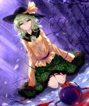  1girl absurdres black_hat blood blood_on_face bloody_tears blouse blue_background collar frilled_collar frilled_skirt frilled_sleeves frills green_eyes green_hair green_skirt hair_between_eyes hat hat_ribbon heart heart_of_string highres kneeling komeiji_koishi looking_at_viewer ribbon scissors severed sheya skirt sleeves_past_wrists smile solo third_eye touhou wide_sleeves yellow_blouse yellow_ribbon 