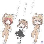  3girls :d adachi_fumio333 alternate_costume animal_costume arm_up bandage bandaged_arm bangs bear_costume blue_eyes blush boko_(girls_und_panzer) boko_(girls_und_panzer)_(cosplay) bow bowtie brown_eyes brown_hair commentary_request cosplay full_body girls_und_panzer hair_ribbon hairband itsumi_erika leg_up long_hair long_sleeves looking_at_viewer multiple_girls nishizumi_miho open_mouth ribbon shimada_arisu short_hair side_ponytail smile standing standing_on_one_leg striped striped_legwear sweatdrop translation_request triangle_mouth 