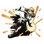  1girl blonde_hair boots breasts brown_boots brown_eyes cleavage divine_gate dress fairy_tail full_body holding key large_breasts long_hair lucy_heartfilia official_art one_leg_raised open_mouth ribbon shadow solo transparent_background twintails ucmm wrist_cuffs wrist_ribbon yellow_ribbon 